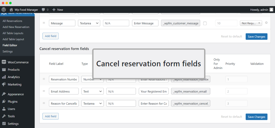 Table Reservations-Field Editor-Cancel Reservation forms